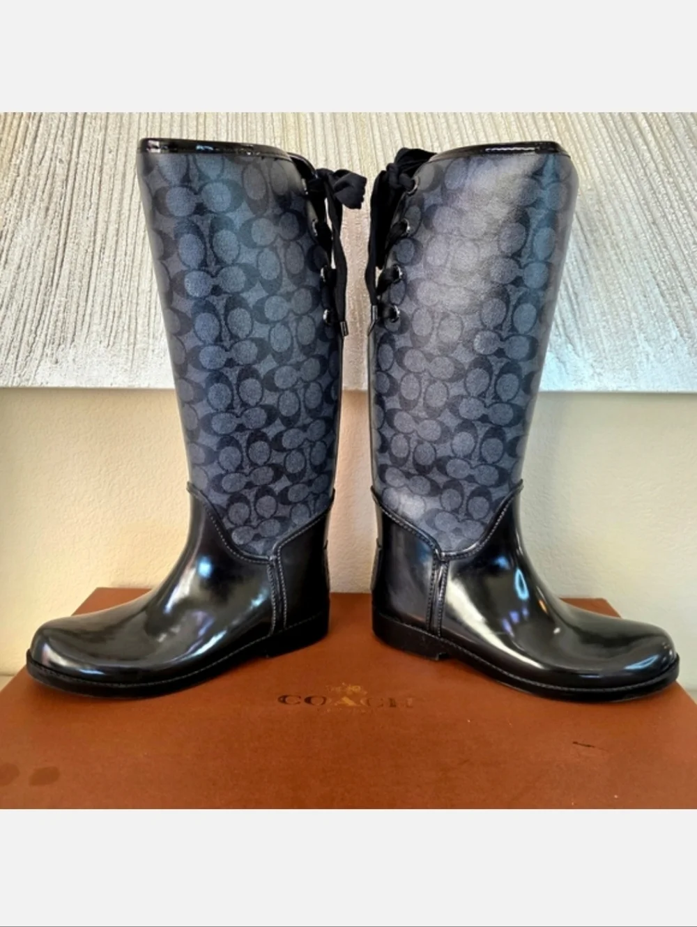 Coach Tristee Black Grey Knee High Winter Rain Boots US 8